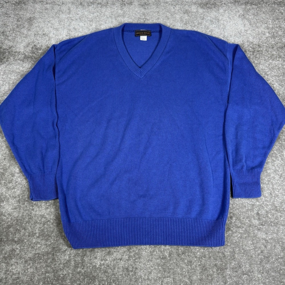 VTG Andrew Rohan Sweater‎ Men's Large Blue Cotton V-Neck Long Sleeve USA Made